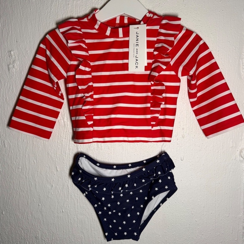 NWT Janie and Jack Girls Americana Rash Guard Swimsuit Set Stars Stripes 6-12M